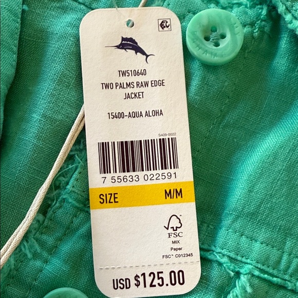 NWT Two Palms Raw Edge Jacket in Aqua Aloha size: M - Picture 4 of 7